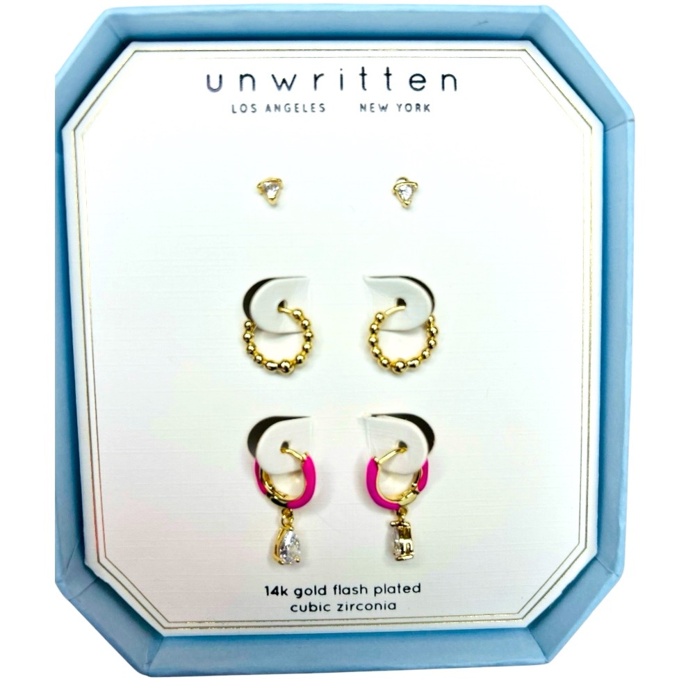 Unwritten Dainty Gold Pink Earring Set Stud Hoop Dangle 14k Gold Flash CZ NIB